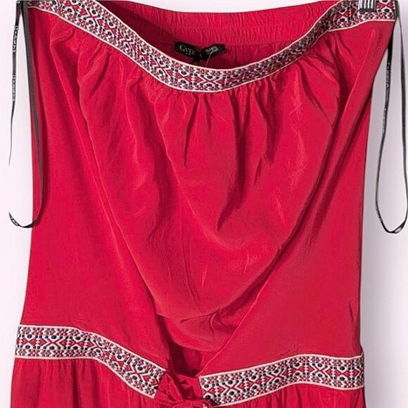 Gypsy O5 Strapless Red Silk Tie Dye Embroidered Elastic Tie Waist Maxi Dress L - Picture 3 of 15